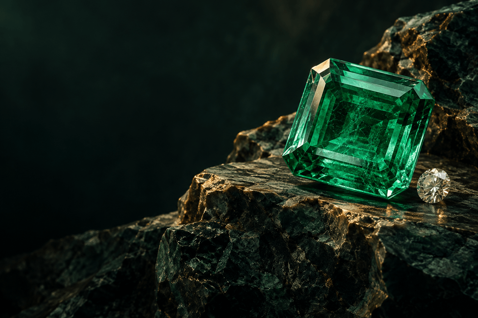 Illustrative emerald resting on dark sculptural stone beside a diamond