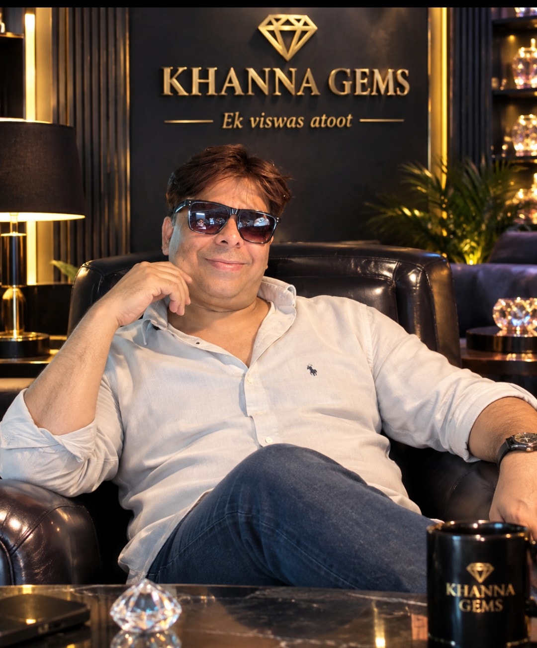 Ashish Khanna, founder of Khanna Gems & Diamonds, seated in the Khanna Gems showroom