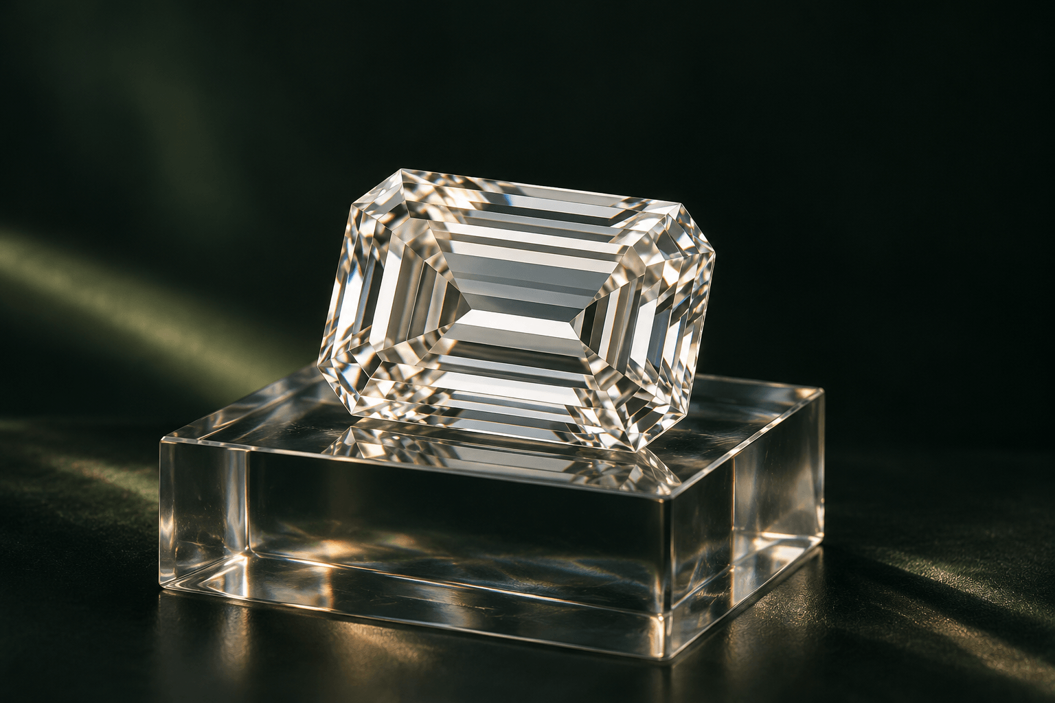 Illustrative emerald-cut diamond on a glass display for the laboratory-grown diamond collection